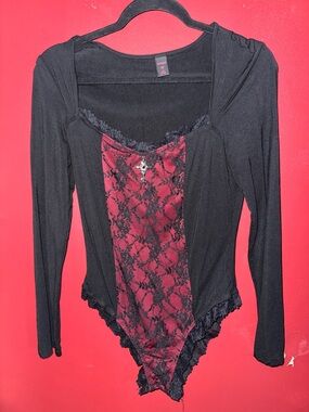 ROMWE Black Long Sleeve Bodysuit with Burgundy Lace Panel